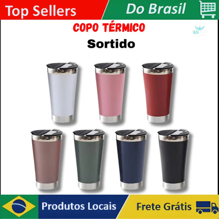 Copo Térmico com Tampa e Abridor em Inox – 473ml, Sortido, Conserva Bebidas Quentes e Geladas